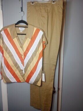 Linen  Pantsuit Chevron  Button Front Top  in Orange, Cream & Tan